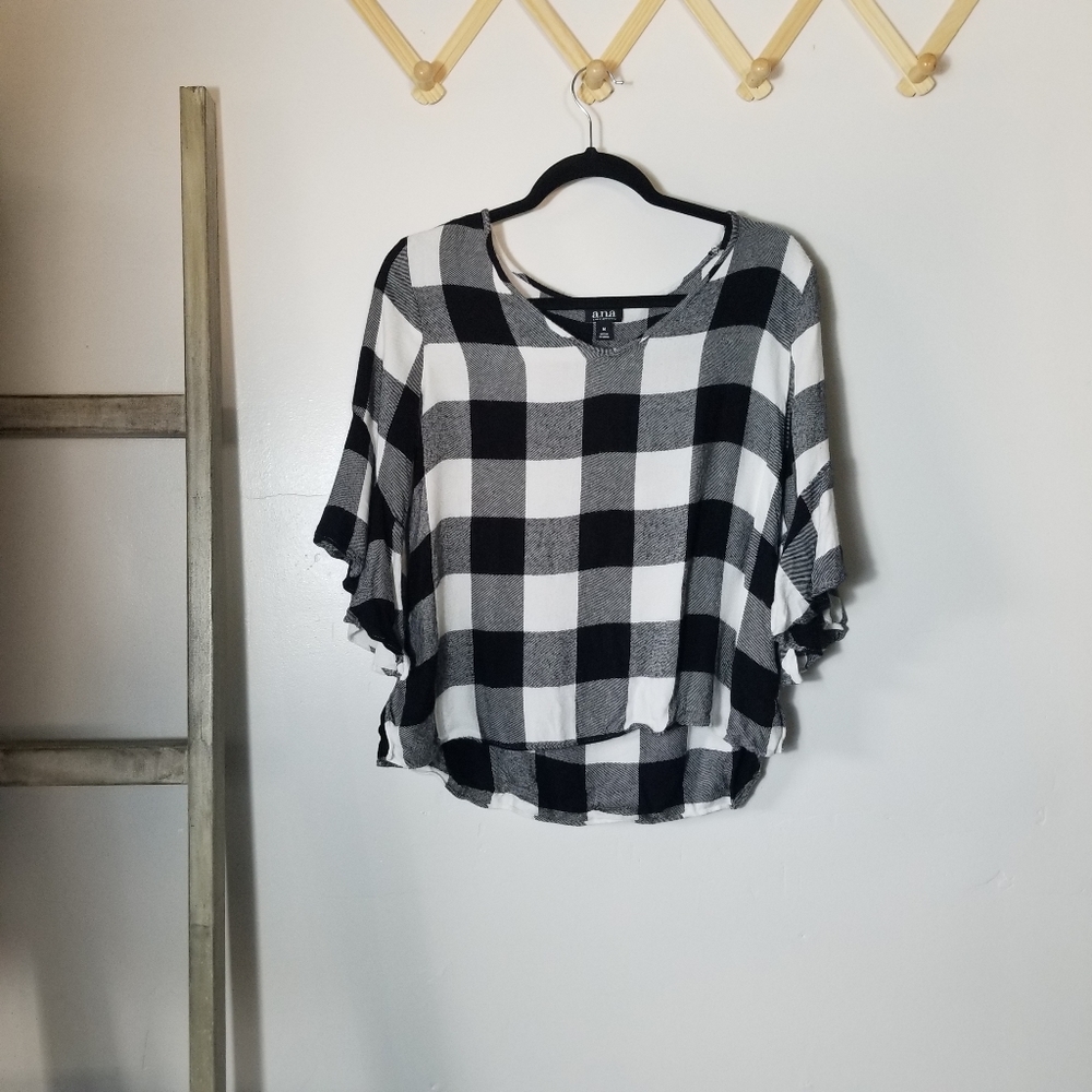 ANA GINGHAM BLACK AND WHITE BLOUSE SIZE MEDIUM WITH FLARE SLEEVES